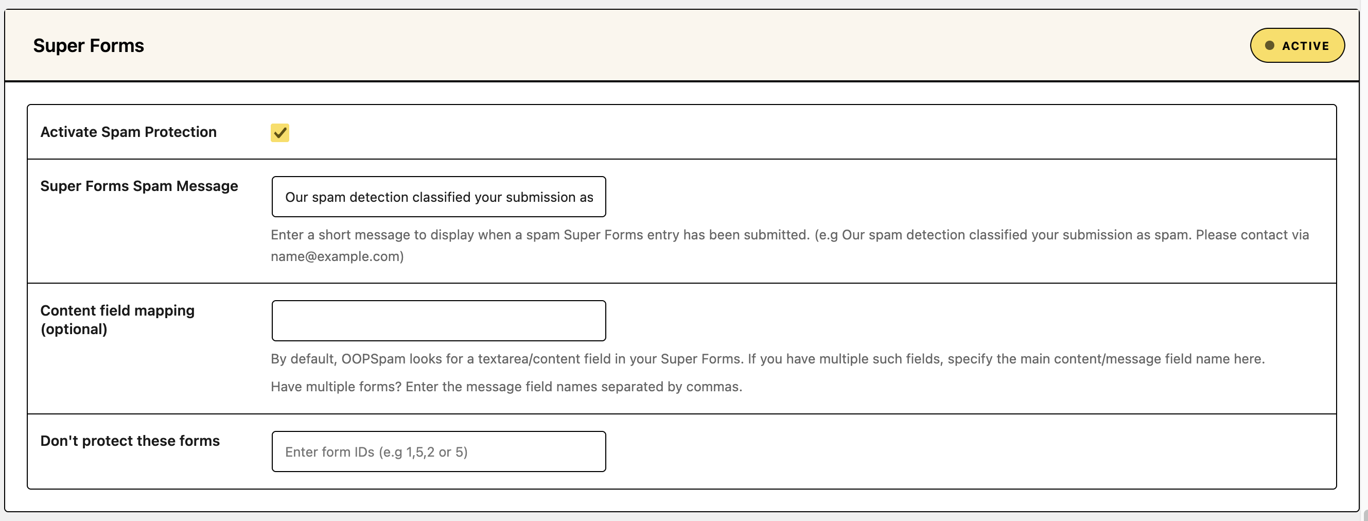 Find the Super Forms section and check Activate Spam Protection.