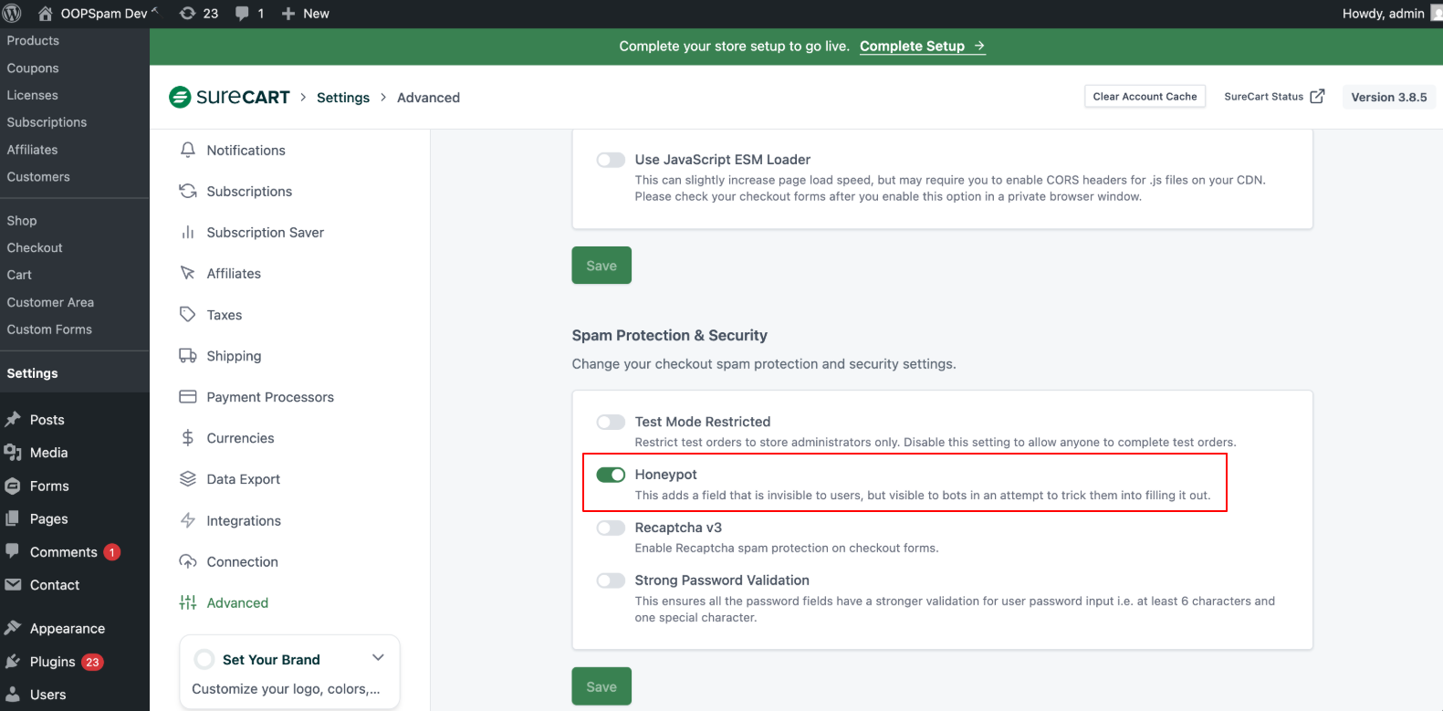 Enable Honeypot in SureCart
