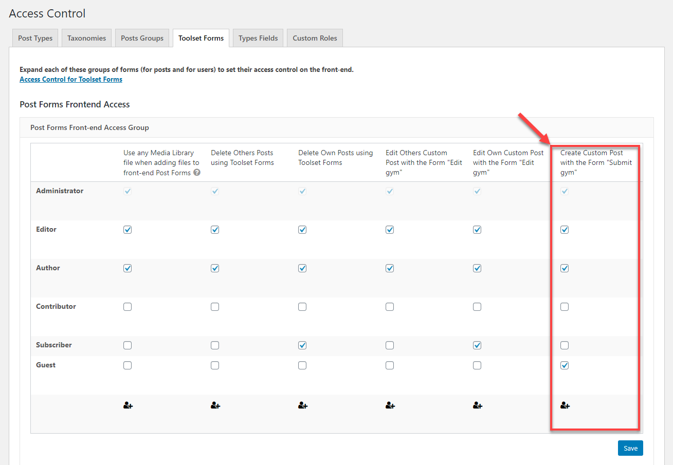 Access Control → Toolset Forms Access Control → Toolset Forms