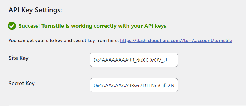Double-check your Site Key and Secret Key in the Turnstile plugin settings.