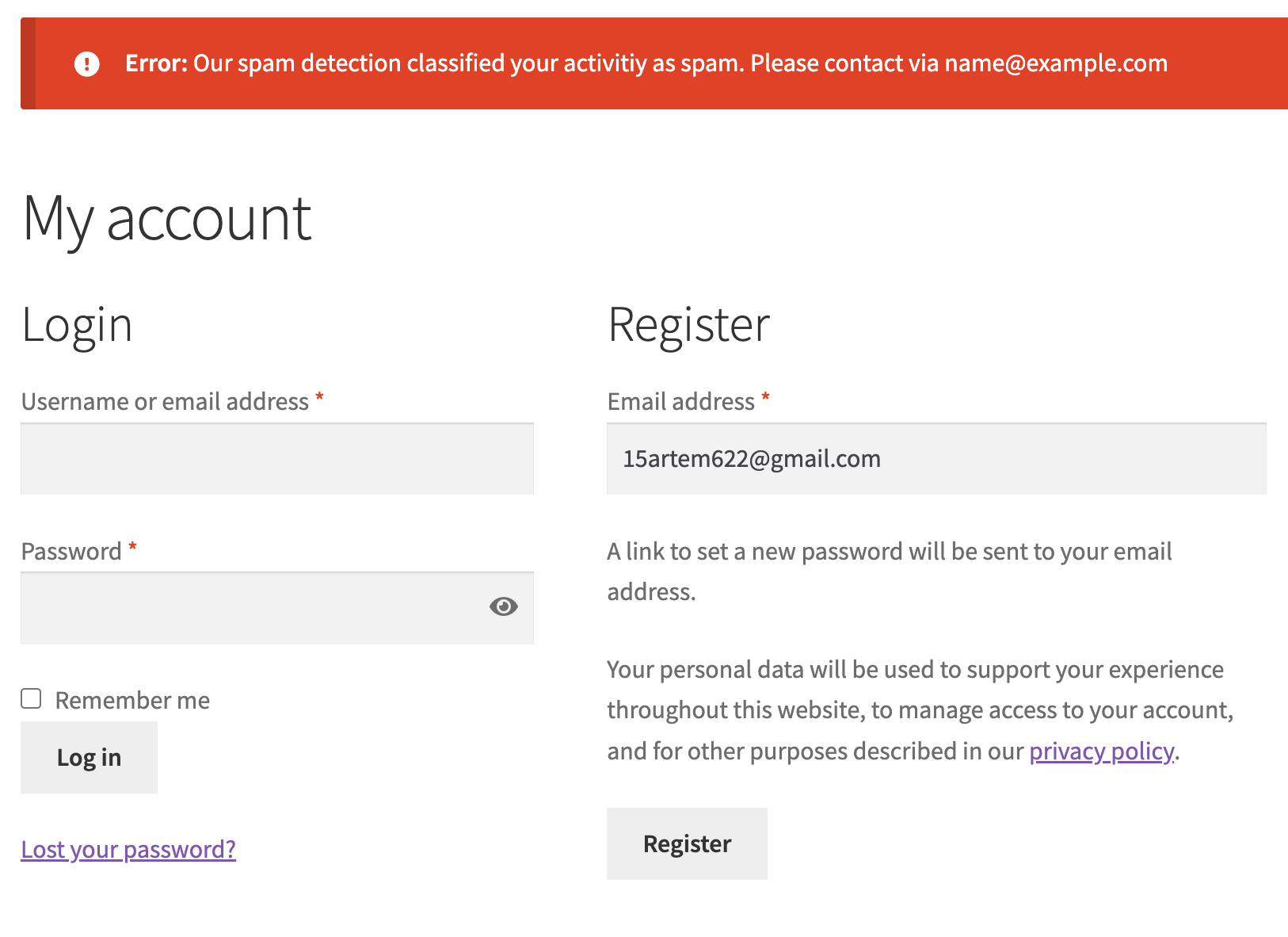 OOPSpam detected spam on WooCommerce registration