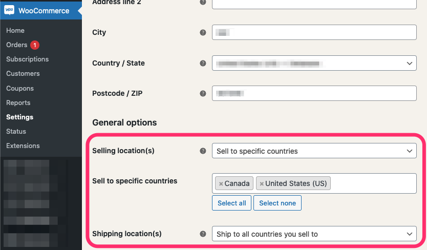 WooCommerce Selling Location setting