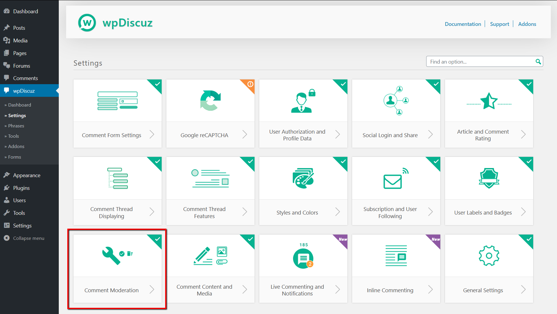wpDiscuz Settings and select Comment Moderation