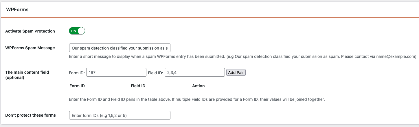 WPForms Activate Spam Protection