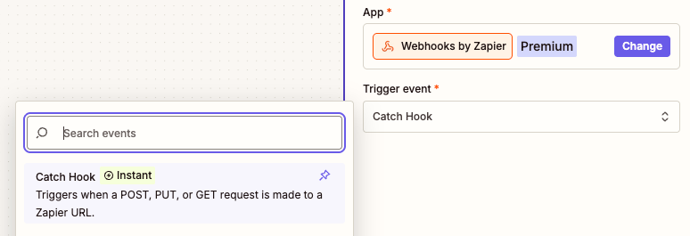 Select Webhooks by Zapier and choose Catch Hook as the event