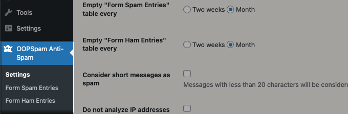 Form Spam and Ham Entries in OOPSpam WordPress plugin 