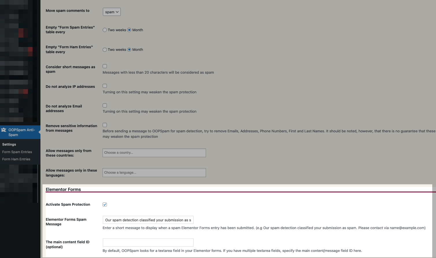 Elementor Forms in OOPSpam WordPress plugin